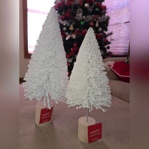 New (2) Holiday Home Bin Bottle Brush Tree White Christmas decorations 16" & 13"